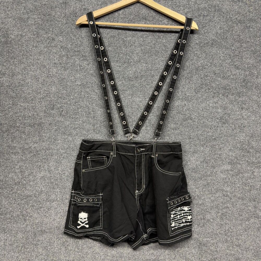 Hot Topic Cargo Shorts Women Size 9 Black Skull Gothic Punk Suspender Straps Emo